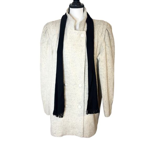 Vintage Mariel Wool Blend Coat 12 Ivory 80s Puff Sleeve Double Breasted USA Made - Picture 3 of 14